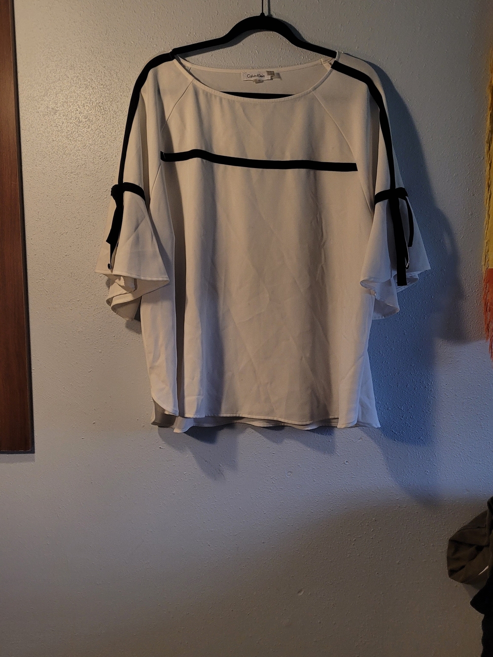 Calvin Klein Cream Blouse with Black Trim - Ruffle Sleeve Top